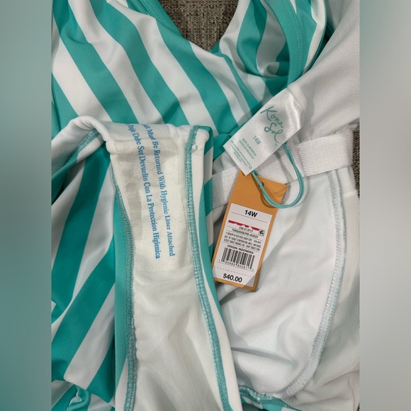 NEW Kona Sol Turquoise and White Vertical Stripes One Piece swimsuit 14W - Picture 7 of 11